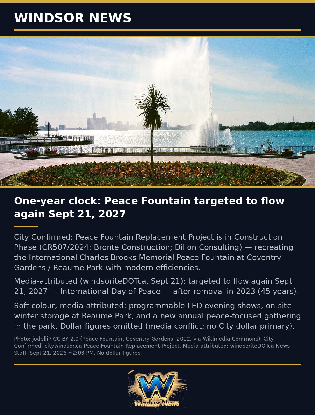 Windsor News card: One-year countdown: Peace Fountain targeted to flow again Sept. 21, 2027