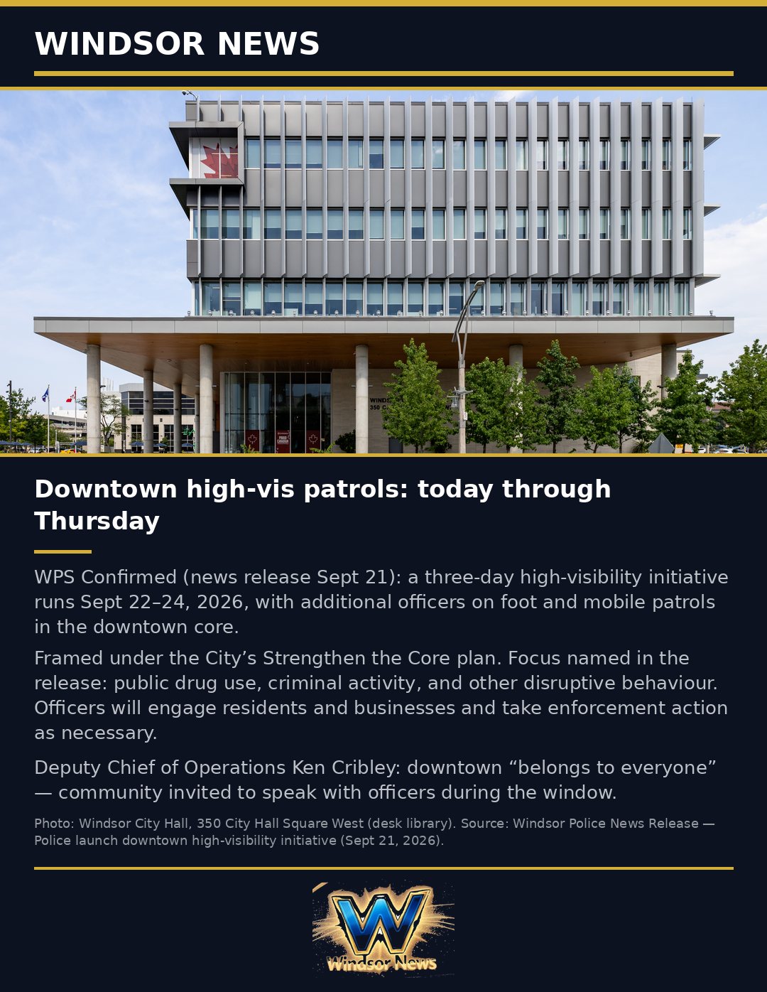 Windsor News card: Downtown high-visibility police patrols Sept. 22 to 24