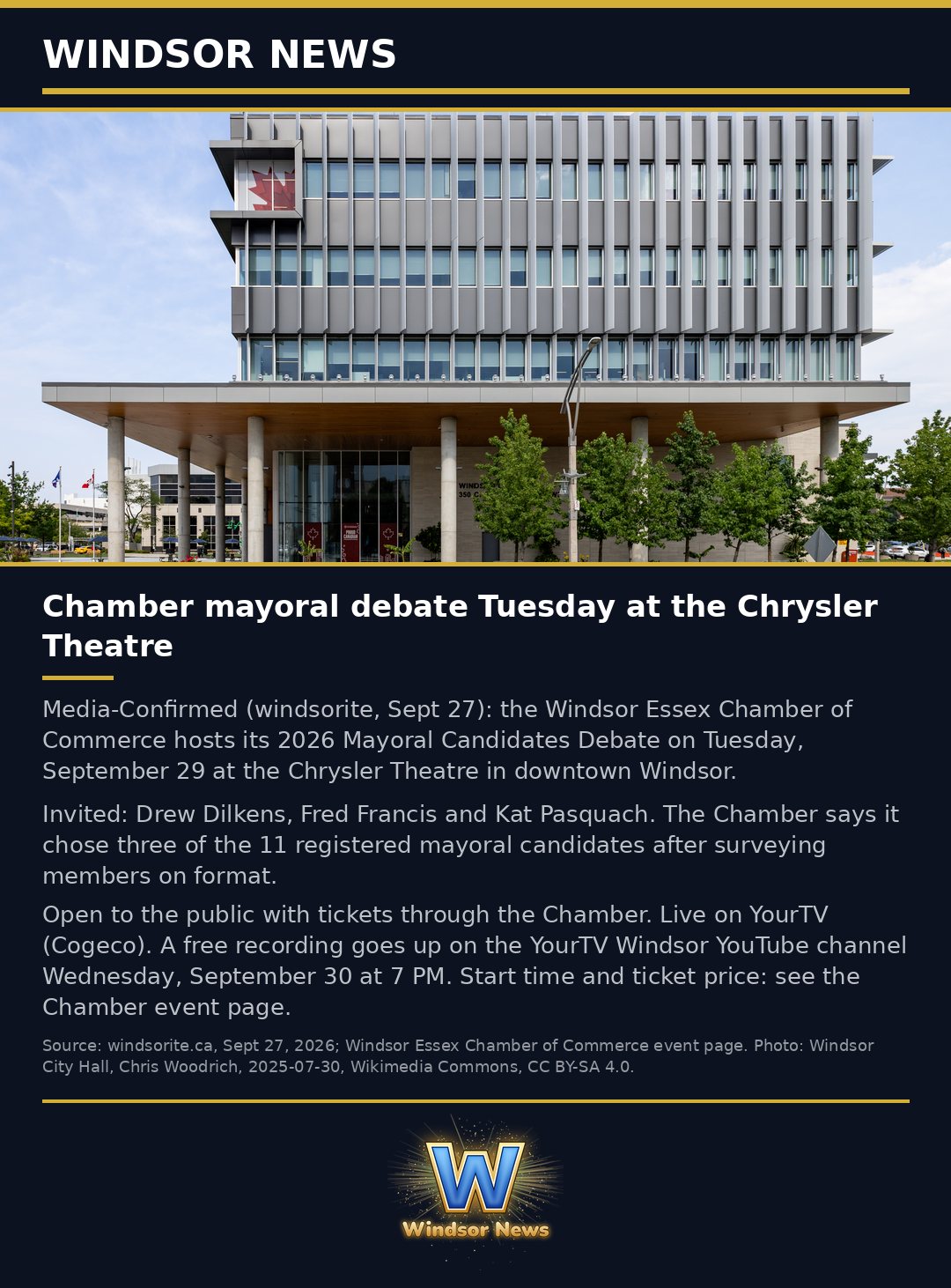 Windsor News card: Chamber mayoral debate Tuesday at the Chrysler Theatre