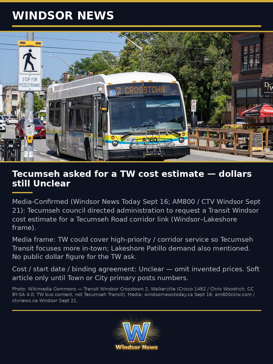 Windsor News card: Tecumseh asks Transit Windsor for a cost estimate; no price public yet