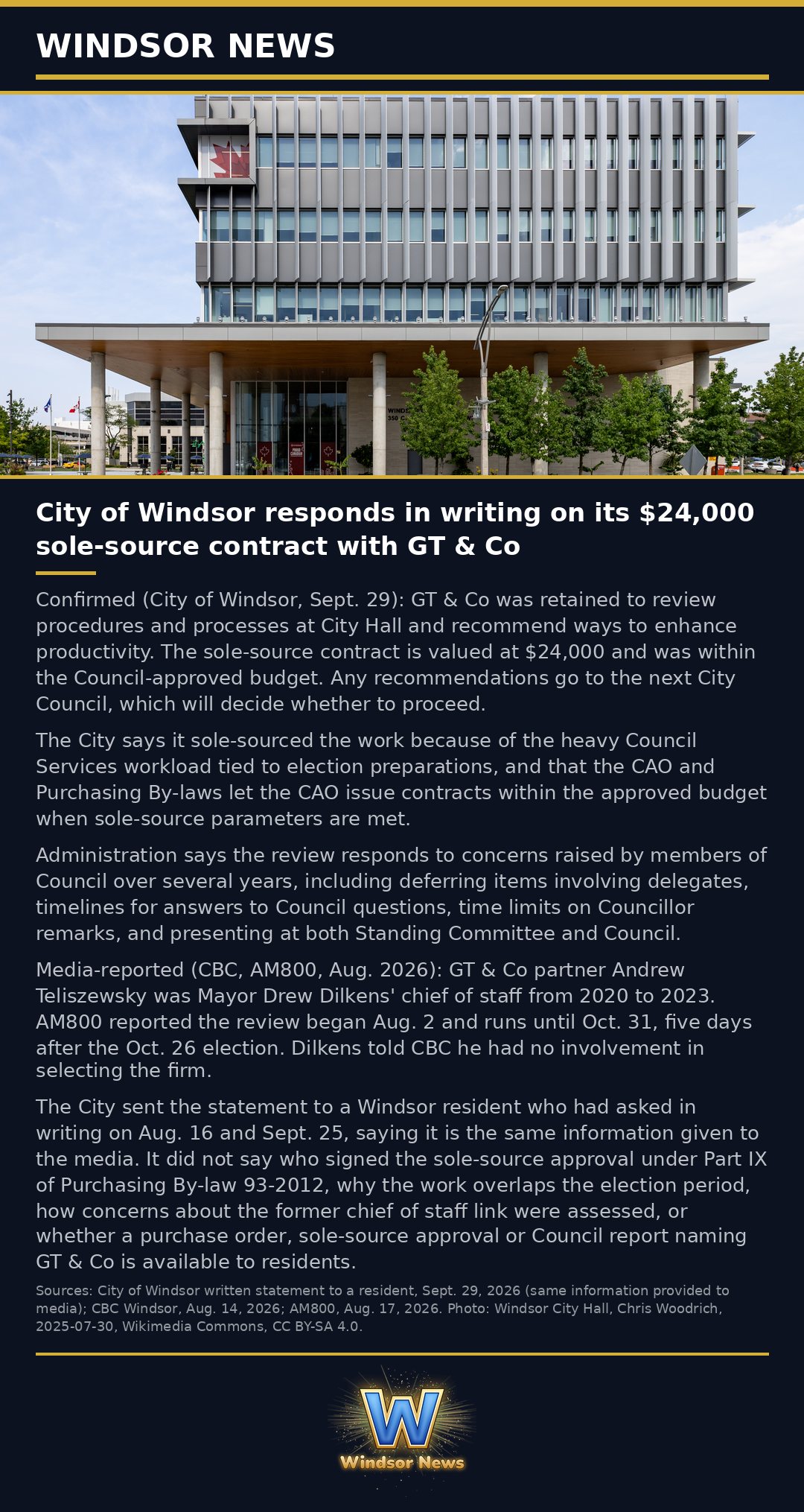 Windsor News card: City of Windsor responds in writing on its $24,000 sole-source contract with GT & Co