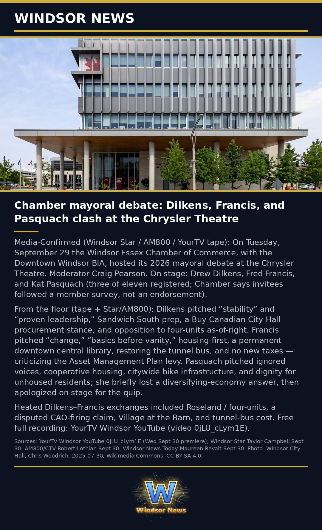 Windsor News card: Chamber mayoral debate: Dilkens, Francis and Pasquach at the Chrysler Theatre
